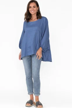 Cotton Tops<Tirelli Darla Blue Gathered Sleeve Linen Top