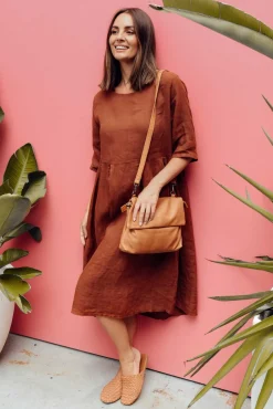 Linen Dresses<Donna Donna Davina Brown Linen Swing Dress