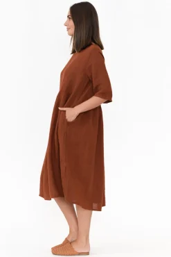 Linen Dresses<Donna Donna Davina Brown Linen Swing Dress