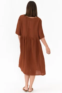 Linen Dresses<Donna Donna Davina Brown Linen Swing Dress