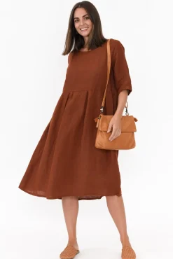 Linen Dresses<Donna Donna Davina Brown Linen Swing Dress