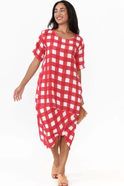 Linen Dresses<Donna Donna December Red Gingham Linen Pocket Dress