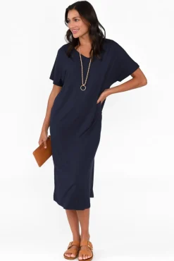 Midi Dresses<Pq Dennis Navy Bamboo V Neck Dress