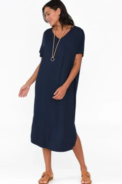 Midi Dresses<Pq Dennis Navy Bamboo V Neck Dress