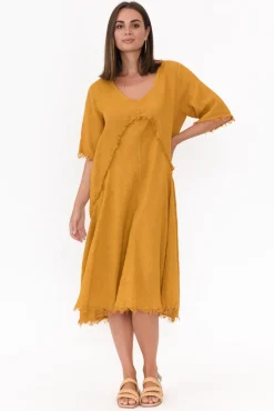 Linen Dresses<Donna Donna Desmond Mustard Linen Frayed Dress