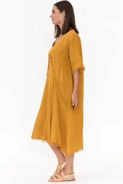 Linen Dresses<Donna Donna Desmond Mustard Linen Frayed Dress