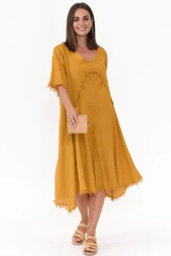 Linen Dresses<Donna Donna Desmond Mustard Linen Frayed Dress