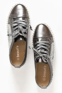 Leather Sneakers<Beaute Fashion Devin Charcoal Leather Diamante Sneaker