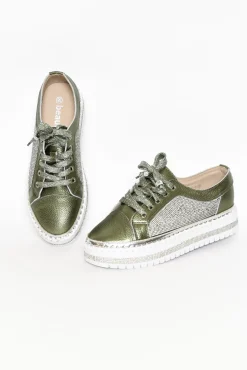 Leather Sneakers<Beaute Fashion Devin Khaki Leather Diamante Sneaker