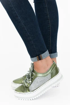 Leather Sneakers<Beaute Fashion Devin Khaki Leather Diamante Sneaker