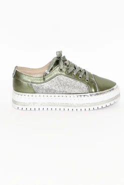 Leather Sneakers<Beaute Fashion Devin Khaki Leather Diamante Sneaker