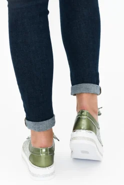 Leather Sneakers<Beaute Fashion Devin Khaki Leather Diamante Sneaker