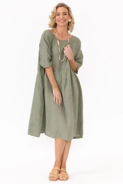 Linen Dresses<Donna Donna Dexter Khaki Linen Swing Dress