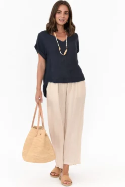 Cotton Tops<La Strada Dorian Navy Linen Cotton Top