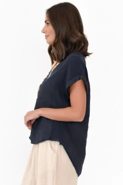 Cotton Tops<La Strada Dorian Navy Linen Cotton Top