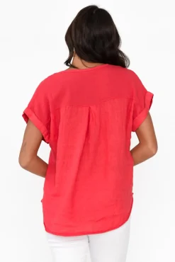 Sleeved Tops<La Strada Dorian Red Linen Cotton Top