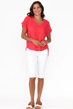 Sleeved Tops<La Strada Dorian Red Linen Cotton Top