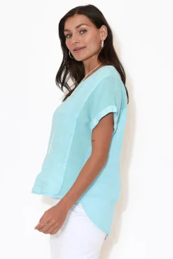 Cotton Tops<La Strada Dorian Turquoise Linen Cotton Top