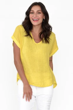 Sleeved Tops<La Strada Dorian Yellow Linen Cotton Top