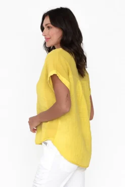 Sleeved Tops<La Strada Dorian Yellow Linen Cotton Top