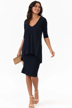 Below Knee Dresses<Illium Elara Navy V Neck Layered Dress