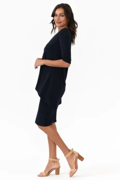 Below Knee Dresses<Illium Elara Navy V Neck Layered Dress