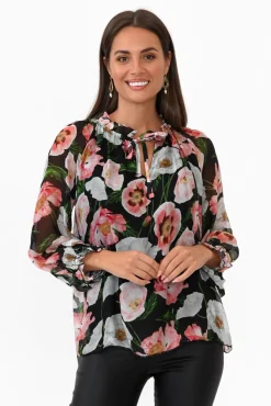 Sleeved Tops<La Strada Eliska Black Floral Silk Top