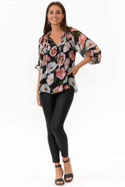 Sleeved Tops<La Strada Eliska Black Floral Silk Top