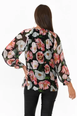 Sleeved Tops<La Strada Eliska Black Floral Silk Top