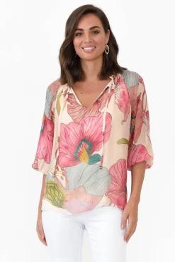 Sleeved Tops<La Strada Eliska Pink Flower Silk Top