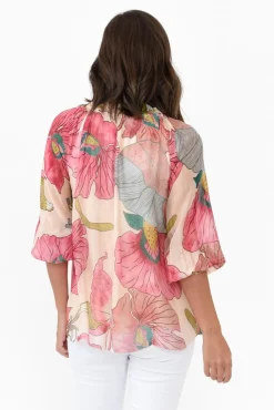 Sleeved Tops<La Strada Eliska Pink Flower Silk Top