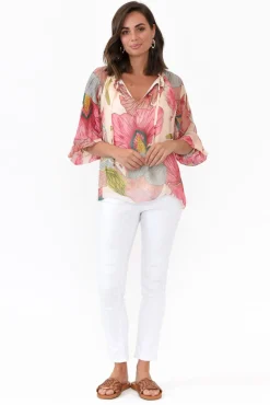 Sleeved Tops<La Strada Eliska Pink Flower Silk Top