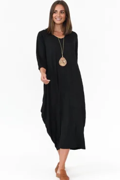 Cotton Dresses<Cotton Village Ellis Black Crinkle Cotton Tie Dress