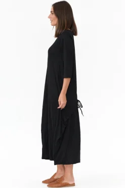 Cotton Dresses<Cotton Village Ellis Black Crinkle Cotton Tie Dress