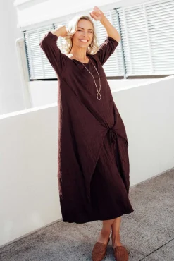 Cotton Dresses<Cotton Village Ellis Chocolate Crinkle Cotton Tie Dress