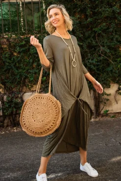 Cotton Dresses<Cotton Village Ellis Khaki Crinkle Cotton Tie Dress