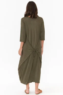 Cotton Dresses<Cotton Village Ellis Khaki Crinkle Cotton Tie Dress