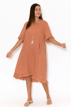 Linen Dresses<Cali and Co Elodie Coral Linen Frill Dress