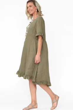 Above Knee Dresses<Cali and Co Elodie Khaki Linen Frill Dress