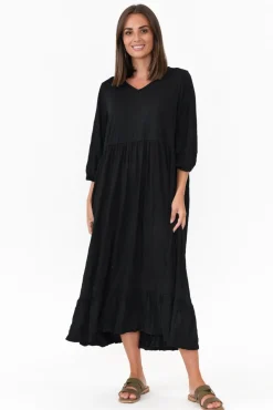 Cotton Dresses<Cotton Village Elora Black Crinkle Cotton Tiered Dress