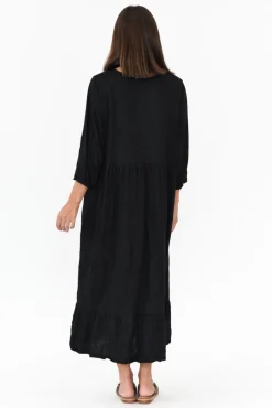 Cotton Dresses<Cotton Village Elora Black Crinkle Cotton Tiered Dress