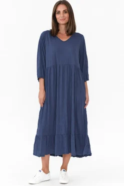 Cotton Dresses<Cotton Village Elora Navy Crinkle Cotton Tiered Dress