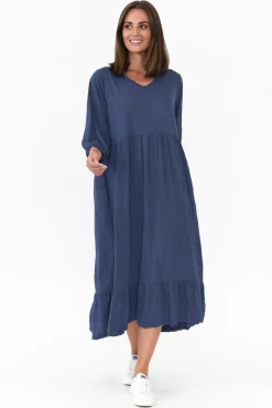 Cotton Dresses<Cotton Village Elora Navy Crinkle Cotton Tiered Dress