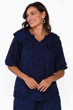Cotton Tops<La Strada Elowen Navy Embroidered Cotton Top