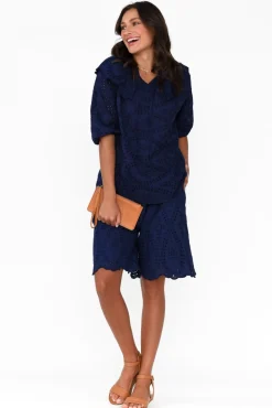 Cotton Tops<La Strada Elowen Navy Embroidered Cotton Top