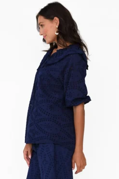 Cotton Tops<La Strada Elowen Navy Embroidered Cotton Top