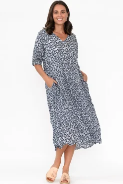 Cotton Dresses<Namastai Embry Navy Flower Crinkle Cotton Dress