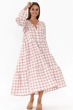 Cotton Dresses<Cali and Co Emerson Pink Gingham Cotton Tier Dress