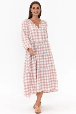 Cotton Dresses<Cali and Co Emerson Pink Gingham Cotton Tier Dress