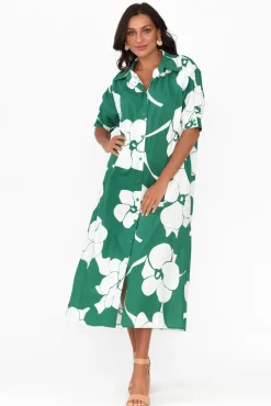 Cotton Dresses<Label Of Love Emmeline Green Flower Cotton Shirt Dress